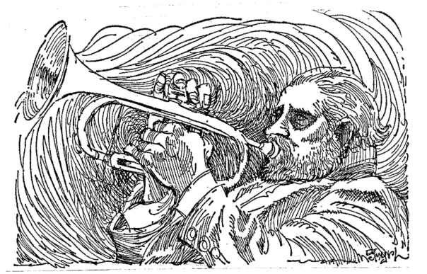 Ink drawing from artist Jak Smyrl of a trumpet player